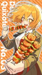 Rule 34 | 1girl, black coat, blonde hair, coat, collared shirt, don quixote (project moon), food, highres, holding, holding food, holding skewer, limbus company, long sleeves, necktie, open mouth, pikett iv, project moon, red necktie, shirt, short hair, skewer, smile, solo, sparkling eyes, white shirt, yakitori, yellow eyes