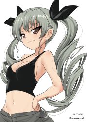 Rule 34 | 10s, 1girl, anchovy (girls und panzer), black ribbon, breasts, cleavage, closed mouth, commentary, crop top, dated, drill hair, girls und panzer, green hair, grey pants, hair ribbon, hand on own hip, highres, long hair, looking at viewer, midriff, navel, one-hour drawing challenge, pants, red eyes, ribbon, shiina excel, simple background, smile, solo, standing, tank top, twin drills, twintails, twitter username, upper body, white background