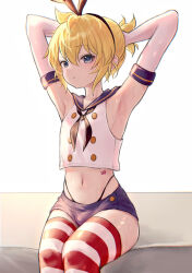 Rule 34 | 1boy, armpits, arms behind head, arms up, azulasi, black neckerchief, black panties, blonde hair, blue eyes, blue sailor collar, blue shorts, cosplay, crop top, crossdressing, elbow gloves, gloves, hair between eyes, highleg, highleg panties, highres, kagamine len, kantai collection, micro shorts, midriff, navel, neckerchief, panties, sailor collar, shimakaze-kun, shimakaze (kancolle), shimakaze (kancolle) (cosplay), short hair, shorts, sitting, striped clothes, striped thighhighs, thighhighs, thong, trap, underwear, vocaloid, white gloves