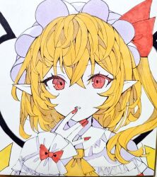 Rule 34 | 1girl, blonde hair, bow, collar, collared shirt, commentary request, crossed bangs, flandre scarlet, frilled collar, frills, hat, hat ribbon, looking at viewer, marker (medium), mob cap, one side up, open mouth, red bow, red eyes, red nails, red ribbon, ribbon, sakizaki saki-p, shirt, simple background, skirt, touhou, traditional media, white background, white headwear, white shirt, white skirt, wrist cuffs
