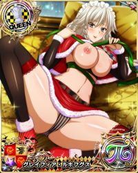 Rule 34 | 1girl, breasts, card (medium), christmas, female focus, grayfia lucifuge, grey eyes, grey hair, high school dxd, large breasts, maid headdress, matching hair/eyes, mature female, navel, nipples, solo, topless