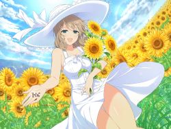 Rule 34 | 1girl, :d, bad id, bad twitter id, blonde hair, blush, breasts, cleavage, cloud, cloudy sky, day, dress, dutch angle, field, flower, flower field, green eyes, haruka (senran kagura), hat, highres, holding, holding flower, large breasts, looking at viewer, mountain, official art, open mouth, ribbon, seed, senran kagura, senran kagura new link, short hair, sky, smile, solo, sunflower, sunflower field, sunflower seed, swept bangs, white dress, white hat, white ribbon, wind, yaegashi nan