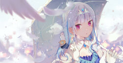 Rule 34 | 1girl, absurdres, arms up, blue dress, blue hair, blunt bangs, blurry, blurry background, blush, breath, cloak, close-up, dress, earrings, feather earrings, feathers, frilled dress, frills, gloves, highres, holding, holding umbrella, inaeda kei, jewelry, light particles, lize helesta, lize helesta (3rd costume), looking at viewer, multicolored hair, nijisanji, one side up, open mouth, pendant, purple eyes, sebastian piyodore, sidelocks, snow, solo, tiara, triangle earrings, two-tone hair, umbrella, virtual youtuber, white cloak, white gloves, white hair, white umbrella