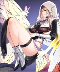 Rule 34 | 1girl, absurdres, aponia (honkai impact), black dress, blonde hair, blue eyes, breast curtains, breasts, bug, butterfly, detached sleeves, dress, gem, hair between eyes, highres, honkai (series), honkai impact 3rd, insect, jewelry, kei (soundcross), large breasts, long hair, long sleeves, looking at viewer, mole, mole under eye, open mouth, pelvic curtain, pendant, sidelocks, solo, sparkle, thighs, two-tone dress, veil, white dress