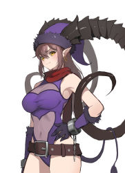 Rule 34 | 1girl, bare shoulders, belt, black horns, breasts, broken, broken chain, chain, cleavage, cleavage cutout, clothing cutout, earrings, gloves, goat girl, goat horns, goat tail, hand on own hip, hat, highres, hoop earrings, horizontal pupils, horns, huge horns, jason kim, jewelry, large belt, legs together, leotard, looking at viewer, navel, navel cutout, original, pointy ears, purple hat, purple leotard, red scarf, scarf, smile, solo, standing, tail, white background, yellow eyes