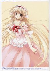 Rule 34 | 00s, 1girl, apron, artbook, bare shoulders, blonde hair, blush, bow, brown eyes, chii, chobits, choker, copyright name, dress, english text, flower, gown, hairband, highres, holding, lolita hairband, long hair, off shoulder, parted lips, pink dress, pink ribbon, puffy short sleeves, puffy sleeves, red bow, red ribbon, ribbon, ribbon choker, robot ears, sakurazawa izumi, scan, short sleeves, solo, very long hair, waist apron