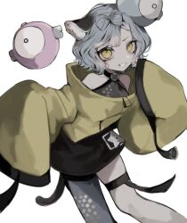 Rule 34 | 1girl, alternate hair color, animal ears, bare shoulders, bow-shaped hair, cat ears, cat girl, cat tail, coat, colored tips, commentary request, cosplay, creatures (company), earclip, feet out of frame, game freak, grey hair, grey pantyhose, grin, halter shirt, halterneck, highres, iono (pokemon), iono (pokemon) (cosplay), leaning forward, looking at viewer, manuka x x, multicolored hair, nina (valis), nintendo, pantyhose, pink hair, pokemon, pokemon sv, shirt, short hair, simple background, single leg pantyhose, sinsekai studio, sleeveless, sleeveless shirt, sleeves past fingers, sleeves past wrists, smile, solo, tail, thigh strap, v-shaped eyebrows, valis (sinsekai), very long sleeves, wavy hair, white background, yellow coat, yellow eyes