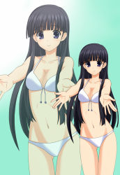 Rule 34 | 1girl, bare shoulders, bikini, black hair, blush, breasts, cleavage, collarbone, gradient background, highres, hime cut, kenken, kusakabe yuuki (to heart 2), light smile, long hair, looking at viewer, navel, outstretched arms, purple eyes, solo, standing, swimsuit, to heart (series), to heart 2, white bikini, zoom layer