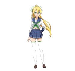 Rule 34 | 1girl, blonde hair, full body, green eyes, hand on own hip, high ponytail, leafa, loafers, long hair, long sleeves, looking at viewer, midriff, miniskirt, neckerchief, official art, pleated skirt, pointy ears, school uniform, serafuku, shoes, skirt, smile, solo, sword art online, sword art online: code register, thighhighs, transparent background, white thighhighs
