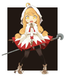Rule 34 | 1girl, black thighhighs, blonde hair, boots, female focus, final fantasy, final fantasy tactics, full body, gloves, goribote, hood, long hair, open mouth, robe, solo, staff, thighhighs, white mage, white mage (fft), white mage (final fantasy), yellow eyes