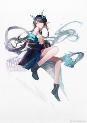 Rule 34 | 1girl, ankle boots, arknights, artist name, bare legs, bare shoulders, black coat, black footwear, black hair, blue fire, boots, breasts, closed mouth, coat, dragon girl, dragon horns, dragon tail, dress, dusk (arknights), fiery tail, fire, full body, hair over one eye, highres, horns, inuko (redconstellation), invisible chair, long hair, looking away, looking to the side, medium breasts, necktie, non-web source, off shoulder, open clothes, open coat, orange eyes, red necktie, simple background, sitting, solo, tail, very long hair, white background, white dress