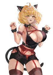 Rule 34 | 1girl, absurdres, animal ears, armlet, bare shoulders, bell, belt, black belt, black bustier, black collar, black nails, black shorts, blonde hair, breasts, brown thighhighs, cat ears, cat girl, cat tail, character request, collar, cross-laced clothes, cross-laced top, delfin59, ear piercing, fangs, fur collar, fur wrist cuffs, garter belt, highres, hip vent, jingle bell, large breasts, looking at viewer, navel, neck bell, novelpia, open mouth, panties, piercing, red garter belt, red nails, red panties, short hair, short shorts, shorts, simple background, solo, spiked armlet, sweat, tail, thighhighs, underwear, virtual youtuber, white background, wrist cuffs, yellow eyes