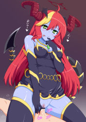 Rule 34 | 1boy, 1girl, ahoge, bare shoulders, black dress, black gloves, black legwear, blonde hair, blue skin, blush, breasts, censored, cleavage, clothed sex, colored skin, cum, cum in pussy, demon girl, demon horns, demon tail, dress, elbow gloves, female pubic hair, finger to mouth, girl on top, gloves, green eyes, halo, hand on thigh, heart, heart-shaped pupils, hera (p&amp;d), hetero, highres, horns, jewelry, long hair, no panties, noako (por1212), penis, pointless censoring, pov, pubic hair, purple background, pussy, puzzle &amp; dragons, sex, sleeveless, sleeveless dress, small breasts, smile, solo focus, sparse pubic hair, sweat, symbol-shaped pupils, tail, text focus, tongue, tongue out, vaginal, wings