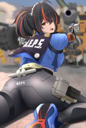 1girl absurdres ahoge ass black_gloves black_hair blue_footwear blue_jacket blurry blurry_background breasts clothes_writing commentary_request cropped_jacket crossed_bangs foreshortening from_behind gloves gun hair_between_eyes handlebar high-waist_pants highres holding holding_gun holding_weapon holster jacket large_breasts long_hair looking_at_viewer metal_hairband multicolored_hair nokonoko open_mouth outdoors pants police police_uniform policewoman ponytail red_eyes red_hair shadow shirt shoes sidelocks solo streaked_hair teeth thigh_holster tight_clothes tight_pants weapon white_shirt zenless_zone_zero zhu_yuan