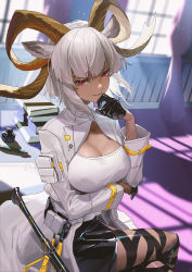 Rule 34 | 1girl, animal ears, arknights, arm under breasts, black gloves, black ribbon, black skirt, book, breasts, carnelian (arknights), closed mouth, commentary, dark-skinned female, dark skin, day, feet out of frame, gloves, goat ears, goat girl, goat horns, hand to own mouth, hand up, highres, horns, indoors, jacket, large breasts, leg ribbon, light particles, long sleeves, looking at viewer, open clothes, open jacket, red eyes, ribbon, shirt, short hair, sitting, skirt, smile, solo, ttk (kirinottk), white hair, white jacket, white shirt, window