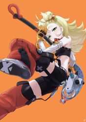 1girl ass axe black_shirt black_shorts blonde_hair breasts commentary_request crop_top detached_pants detached_sleeves gloves goggles goggles_around_neck green_eyes hair_flaps hair_ornament hairclip half-closed_eyes highres holding holding_weapon leg_up long_hair looking_at_viewer makeoshimi orange_background pants parted_lips piper_wheel red_pants shirt short_shorts shorts sidelocks small_breasts solo stomach thick_eyebrows thighs weapon white_footwear white_sleeves yellow_gloves zenless_zone_zero