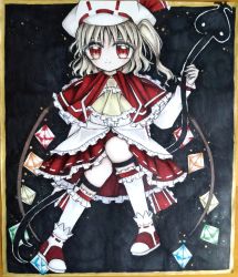 Rule 34 | 1girl, absurdres, adapted costume, ascot, black background, blonde hair, buttons, capelet, center frills, closed mouth, crystal, dark background, flandre scarlet, frilled ascot, frilled capelet, frilled skirt, frilled socks, frills, full body, highres, holding, holding polearm, holding weapon, laevatein (touhou), looking at viewer, marker (medium), medium hair, multicolored wings, polearm, red capelet, red eyes, red footwear, red skirt, shirt, shoes, side ponytail, simple background, skirt, socks, solo, touhou, traditional media, unknown m g, weapon, white headwear, white shirt, white socks, wings, yellow ascot