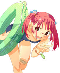 Rule 34 | 1girl, bandaid, bandaid on knee, bandaid on leg, barefoot, bent over, bird, derivative work, fang, flat chest, glasses, green eyes, hair ornament, highres, innertube, one-piece swimsuit, open mouth, original, penguin, red hair, school swimsuit, simple background, solo, swim ring, swimsuit, thigh gap, thighs, twintails, v, watanabe akio, white background