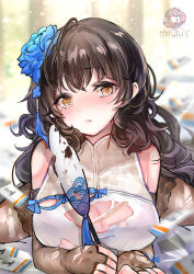 Rule 34 | 1girl, artist name, black hair, blue bow, blue flower, blue rose, blush, bow, breasts, brown thighhighs, closed mouth, flower, girls&#039; frontline, hair flower, hair ornament, large breasts, light frown, long hair, looking at viewer, mirutu, mole, mole under eye, official alternate costume, rose, solo, thighhighs, torn clothes, type 95 (girls&#039; frontline), type 95 (narcissus) (girls&#039; frontline), yellow eyes