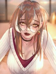 Rule 34 | 1girl, absurdres, ahoge, aran sweater, berry, black choker, blurry, blurry background, bra strap, breasts, brown hair, cable knit, choker, cleavage, close-up, collarbone, earrings, glasses, highres, hololive, hololive english, jewelry, large breasts, lips, long hair, medium breasts, multicolored hair, nanashi mumei, nanashi mumei (casual), necklace, red shirt, round eyewear, shirt, soju ice, solo, streaked hair, sweater, virtual youtuber, white hair, white sweater, yellow eyes