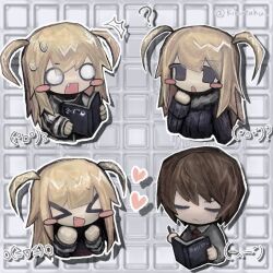 &gt;_&lt; 1boy 1girl :d :o ? ^^^ amane_misa blonde_hair blush_stickers brown_hair chibi collared_shirt commentary_request death_note death_note_(object) fang fur-trimmed_sweater fur_trim grid_background heart hetero highres kaomoji kinutaku long_hair multiple_views necktie no_pupils o_o open_mouth shirt short_hair smile sweat sweater twitter_username two_side_up white_background yagami_light