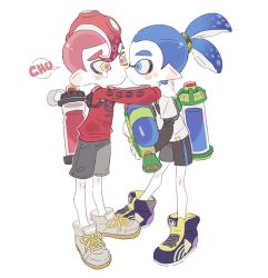 Rule 34 | 2boys, blue eyes, blue hair, blush stickers, closed mouth, hug, inkling, inkling boy, inkling player character, kiss, kissing cheek, long sleeves, male focus, mohawk, multiple boys, nintendo, noii, octoling, octoling boy, octoling player character, red hair, shoes, shorts, simple background, sneakers, splatoon (series), splatoon 2, super smash bros., tearing up, tentacle hair, thick eyebrows, yaoi, yellow eyes