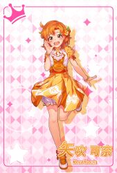 Rule 34 | 1girl, :d, blush, bow, bracelet, brown eyes, character name, checkered background, full body, hair bow, highres, idolmaster, idolmaster million live!, jewelry, leg up, looking at viewer, medium skirt, open mouth, orange bow, orange hair, polka dot, polka dot skirt, print skirt, red ribbon, ribbon, short hair, short sleeves, shorts, shorts under skirt, skirt, smile, solo, standing, standing on one leg, striped, striped background, white shorts, yabuki kana, yahankkwo, yellow skirt