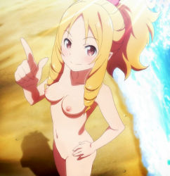 Rule 34 | 10s, 1girl, arm up, beach, blonde hair, blush, bow, breasts, cleft of venus, collarbone, cowboy shot, drill hair, eromanga sensei, female focus, from above, hair bow, hair ornament, hand on own hip, happy, highres, index finger raised, long hair, looking at viewer, medium breasts, navel, nipples, nude, nude filter, nudist, pink eyes, pointy ears, ponytail, pussy, sand, small breasts, small nipples, smile, solo, stomach, third-party edit, uncensored, water, yamada elf
