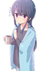 Rule 34 | 1girl, atu, bad id, bad pixiv id, black skirt, blanket, blue hair, blush, closed mouth, cowboy shot, cup, highres, holding, holding cup, long hair, looking at viewer, mug, purple eyes, shima rin, simple background, skirt, smile, solo, swept bangs, twitter username, white background, yurucamp