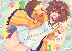 Rule 34 | 1girl, :d, animal collar, animal ears, blush, bone hair ornament, bracelet, braid, breasts, brown eyes, brown hair, buttons, collar, dog ears, dog girl, double fox shadow puppet, dress, fangs, fox shadow puppet, hair between eyes, hair ornament, hairclip, hololive, inugami korone, inugami korone (1st costume), jacket, jewelry, jumping, kbisuco, long hair, looking at viewer, loose socks, low twin braids, medium breasts, off shoulder, open clothes, open jacket, open mouth, red collar, red legwear, shoes, short dress, single bare shoulder, sleeveless, sleeveless dress, smile, sneakers, socks, solo, twin braids, virtual youtuber, white dress, yellow jacket