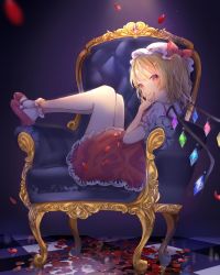 Rule 34 | 1girl, :q, armchair, black background, blonde hair, bobby socks, bow, chair, checkered floor, commentary request, crystal, flandre scarlet, hand up, hat, hat bow, highres, knees up, looking at viewer, mary janes, miniskirt, mob cap, one side up, petals, petticoat, puffy short sleeves, puffy sleeves, red bow, red eyes, red footwear, red skirt, rose petals, shiromi, shirt, shoes, short hair, short sleeves, sitting, skirt, smile, socks, solo, thighs, tongue, tongue out, touhou, white hat, white shirt, white socks, wings