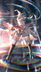 Rule 34 | 1girl, absurdres, aqua eyes, aqua hair, arm up, armpits, bare arms, black footwear, black necktie, boots, breasts, cable, chromatic aberration, commentary request, dress, electric guitar, fishnet thighhighs, fishnets, floating hair, full body, guitar, hatsune miku, highres, holding, holding instrument, instrument, light particles, looking ahead, necktie, open mouth, signature, smile, smile (qd4nsvik), solo, standing, thighhighs, torn clothes, torn dress, twintails, vocaloid, white dress