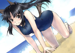 Rule 34 | 1girl, all fours, animal ears, barefoot, beach, black eyes, black hair, blush, day, dutch angle, hattori shizuka, long hair, looking at viewer, one-piece swimsuit, outdoors, ponytail, satou atsuki, school swimsuit, sketch, sky, smile, solo, strike witches, sunlight, swimsuit, tail, water, world witches series