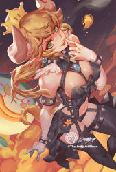 Rule 34 | 1girl, armlet, black thighhighs, blonde hair, bowsette, bracelet, breasts, cleavage, collar, crown, earrings, fangs, feather trim, garter straps, gem, gloves, green eyes, hair between eyes, hand to own mouth, horns, jet kimchrea, jewelry, large breasts, lingerie, long hair, looking at viewer, mario (series), navel, new super mario bros. u deluxe, nintendo, open mouth, pointy ears, sidelocks, smile, solo, spiked armlet, spiked bracelet, spiked collar, spikes, thick eyebrows, thighhighs, tongue, tongue out, underwear, white gloves