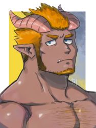 Rule 34 | 1boy, artist name, bara, blonde hair, blue eyes, body hair, chest hair, close-up, dark-skinned male, dark skin, facial hair, highres, horns, long sideburns, looking at viewer, male focus, mature male, muscular, muscular male, original, pectorals, pointy ears, sideburns, solo, spiked hair, stubble, thick eyebrows, topless male, tusks, yanutorie
