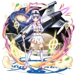 Rule 34 | 1girl, alternate costume, animal ears, arm behind back, blue hair, boots, closed mouth, collared shirt, commentary, english commentary, full body, galaxy, game cg, gloves, gun, hat, highres, holding, holding gun, holding weapon, jacket, leaf, long sleeves, looking at viewer, moon, necktie, peaked cap, pink eyes, pleated skirt, rabbit ears, rabbit girl, rabbit tail, red eyes, red necktie, reisen (touhou bougetsushou), reisen (touhou bougetsushou) (white rabbit defensive team), rifle, rocket, rotte (1109), second-party source, shirt, short hair, skirt, solo, space, standing, tail, touhou, touhou lostword, weapon, white footwear, white gloves, white hat, white jacket, white shirt, white skirt