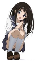 Rule 34 | 1girl, absurdres, black hair, blush, brown footwear, chitanda eru, commentary request, dot nose, full body, grey sailor collar, grey skirt, highres, hyouka, kneehighs, loafers, long hair, long sleeves, looking at viewer, miniskirt, open mouth, own hands together, pleated skirt, purple eyes, sailor collar, school uniform, serafuku, shirt, shoes, sidelocks, simple background, skirt, socks, solo, squatting, steepled fingers, tokiani, white background, white shirt, white socks