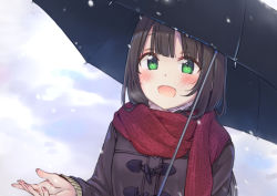 Rule 34 | 1girl, :d, bad id, bad pixiv id, black coat, black hair, blush, coat, cropped torso, day, duffel coat, enpera, green eyes, hand up, holding, holding umbrella, long hair, long sleeves, looking at viewer, maigoyaki, open mouth, original, outdoors, outstretched hand, red scarf, scarf, sidelocks, smile, snowing, solo, sweater, tareme, umbrella, upper body, winter, winter clothes