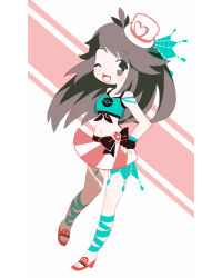 Rule 34 | 1girl, ;d, alternate costume, black gloves, brown eyes, brown hair, commentary request, creatures (company), fingerless gloves, full body, game freak, gloves, hair flaps, happy, hat, high heels, leaf (pokemon), long hair, looking at viewer, midriff, milkpeachi, navel, nintendo, one eye closed, open mouth, pokemon, pokemon frlg, red footwear, shirt, skirt, smile, solo, striped clothes, striped skirt, tied shirt, white hat