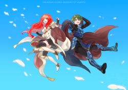 Rule 34 | 1boy, 1girl, alm (fire emblem), armor, armored boots, black gloves, black thighhighs, blue background, boots, breastplate, cape, celica (fire emblem), copyright name, dress, fingerless gloves, fire emblem, fire emblem echoes: shadows of valentia, futabaaf, gloves, green eyes, green hair, high heels, long hair, nintendo, open mouth, petals, red eyes, red hair, short hair, simple background, thighhighs, tiara, zettai ryouiki