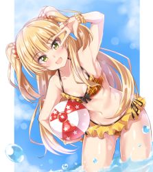 Rule 34 | 10s, 1girl, ball, beachball, bikini, blonde hair, blue sky, blush, breasts, day, frills, green eyes, idolmaster, idolmaster cinderella girls, jiino, jougasaki rika, leaning forward, long hair, looking at viewer, navel, open mouth, plaid, plaid bikini, sky, small breasts, smile, solo, standing, swimsuit, teeth, twintails, two side up, v, v over eye, wading, water, water drop