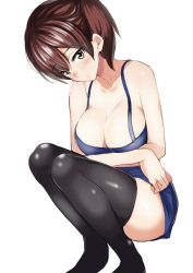 Rule 34 | 10s, 1girl, alternate costume, bad id, bad pixiv id, bare arms, bare shoulders, black thighhighs, blue dress, breasts, brown hair, cleavage, collarbone, dress, full body, hair between eyes, head tilt, kaga (kancolle), kantai collection, large breasts, lips, looking at viewer, sanku, short dress, side ponytail, skindentation, solo, thighhighs, thighs, yellow eyes