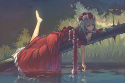 Rule 34 | 1girl, absurdres, barefoot, branch, dress, expressionless, feet, female focus, forest, frilled ribbon, frills, front ponytail, full body, green eyes, green hair, hair ribbon, highres, jq, kagiyama hina, leg lift, leg up, looking at viewer, lying, matching hair/eyes, nature, on stomach, outdoors, red dress, reflection, ribbon, short sleeves, solo, tired, touhou, tree, water
