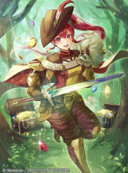 Rule 34 | 1girl, anna (fire emblem), fire emblem, fire emblem: three houses, fire emblem cipher, gold, hat, intelligent systems, moneybag, nintendo, open mouth, ponytail, red eyes, red hair, smile, solo, sword, treasure chest, tree, weapon