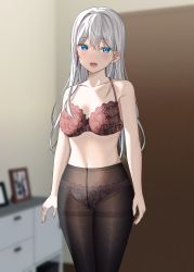 Rule 34 | 1girl, :d, bare arms, bare shoulders, blue eyes, blurry, blurry background, bra, breasts, brown bra, brown panties, brown pantyhose, collarbone, commentary request, depth of field, door, fang, grey hair, gurande (g-size), high-waist pantyhose, highres, indoors, long hair, looking at viewer, medium breasts, multicolored hair, navel, no pants, no shirt, open mouth, original, panties, panties under pantyhose, pantyhose, photo (object), picture frame, red hair, smile, solo, streaked hair, underwear, underwear only, very long hair