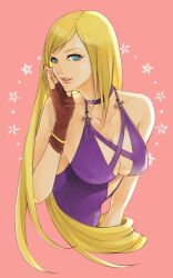 Rule 34 | 1girl, aqua eyes, blonde hair, bracelet, breasts, cleavage, collarbone, dress, fatal fury, fingerless gloves, garou: mark of the wolves, gloves, highres, jenet behrn, jewelry, large breasts, lipstick, long hair, looking at viewer, makeup, nishinb, open mouth, pink lips, purple dress, smile, snk, solo, the king of fighters, the king of fighters xv