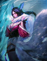 Rule 34 | 1girl, ahri (league of legends), animal ears, black hair, braid, breasts, cleavage, cowboy shot, detached sleeves, facial mark, fox ears, fox tail, korean clothes, league of legends, lips, ming-yin wong, multiple tails, nose, serious, solo, tail, watermark, web address, whisker markings, yellow eyes