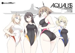 Rule 34 | 4girls, ass, black hair, black one-piece swimsuit, blonde hair, blue eyes, braid, breasts, brown hair, character name, colorado (kancolle), commentary request, competition swimsuit, covered navel, cowboy shot, hairband, hands on own hips, headgear, kantai collection, large breasts, long hair, looking at viewer, multiple girls, mutsu (kancolle), nagato (kancolle), nelson (kancolle), one-piece swimsuit, open mouth, red eyes, shigino sohuzi, short hair, side braids, silhouette, simple background, smile, swimsuit, white background, white one-piece swimsuit, yellow eyes