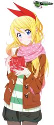 Rule 34 | 10s, 1girl, black shorts, blonde hair, blue eyes, blush, bow, brown jacket, cowboy shot, hair bow, happy valentine, highres, holding, jacket, kirisaki chitoge, long hair, looking at viewer, nail polish, nisekoi, pantyhose, pink nails, pink scarf, ponytail, red bow, scarf, shorts, smile, solo, standing, star (symbol), star print, striped clothes, striped sweater, sweater, transparent background, watermark