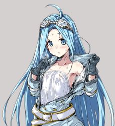 Rule 34 | 10s, 1girl, ahoge, alternate costume, bare shoulders, belt, blue eyes, blue hair, blush, breasts, covered erect nipples, flat chest, granblue fantasy, hirowa nagi, long hair, looking at viewer, lyria (granblue fantasy), open clothes, open mouth, parted bangs, see-through, shirt, small breasts, solo, sweat, upper body, very long hair, white shirt